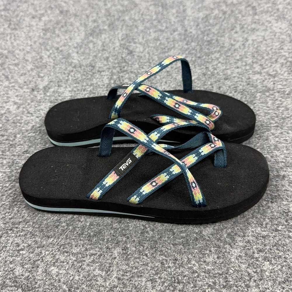 Teva Thong Sandals Shoes Womens Size 7 Black Geometric Strap Comfort 6840